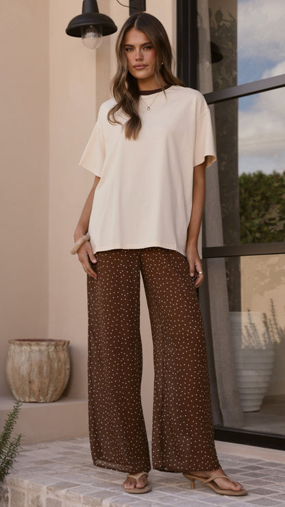 Zavier Oversized T-Shirt and Polka Dot Pants Set - Beige/Chocolate