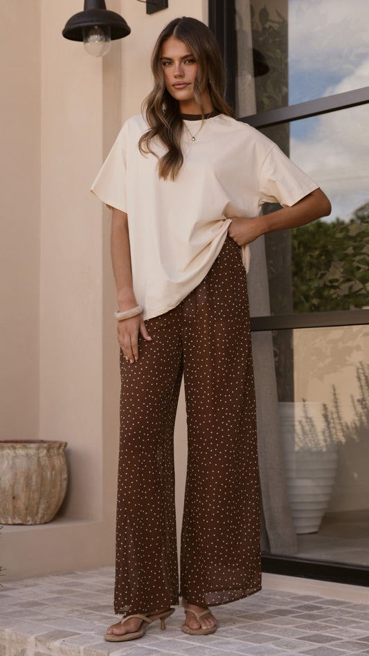 Zavier Oversized T-Shirt and Polka Dot Pants Set - Beige/Chocolate