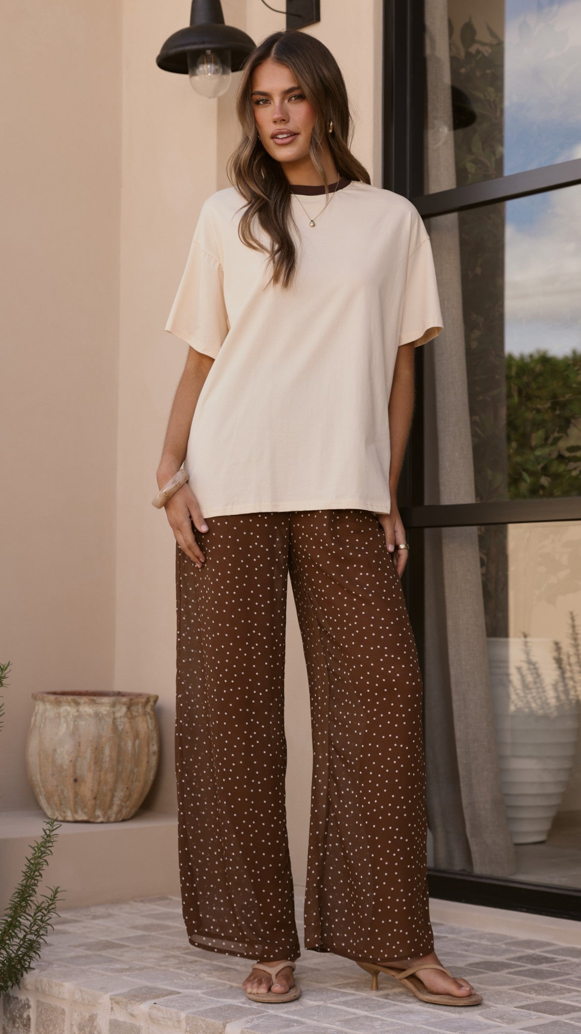 Zavier Oversized T-Shirt and Polka Dot Pants Set - Beige/Chocolate
