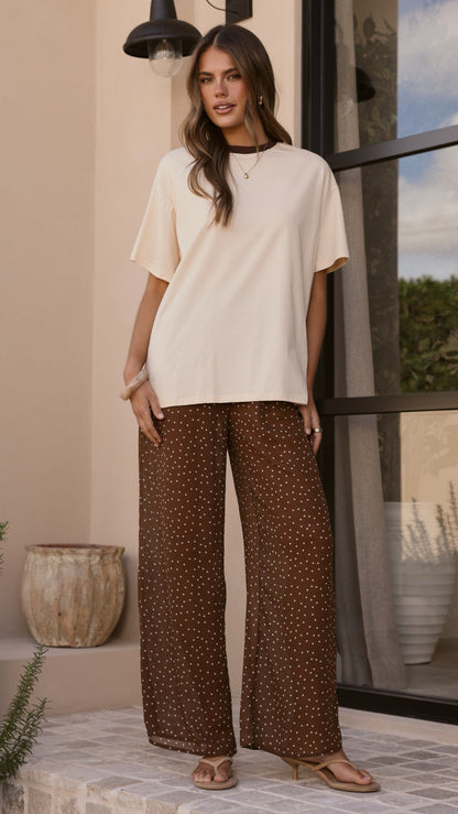 Zavier Oversized T-Shirt and Polka Dot Pants Set - Beige/Chocolate