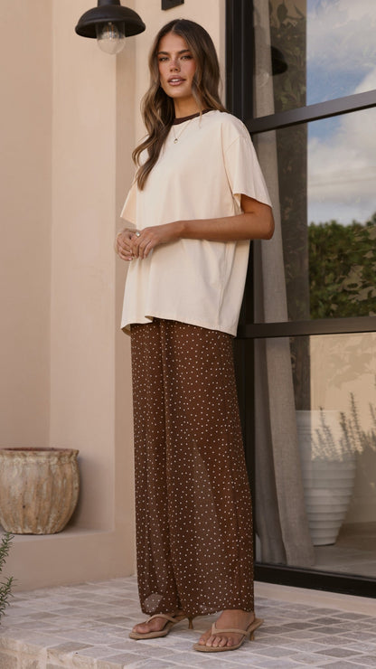 Zavier Oversized T-Shirt and Polka Dot Pants Set - Beige/Chocolate