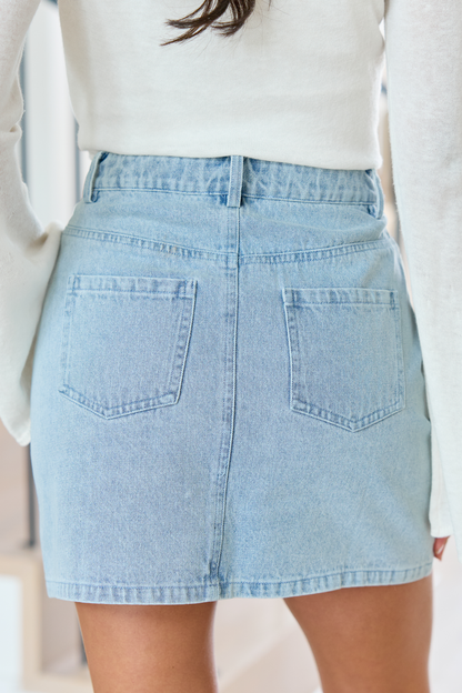 Adrian Studded Light Wash Denim Mini Skirt