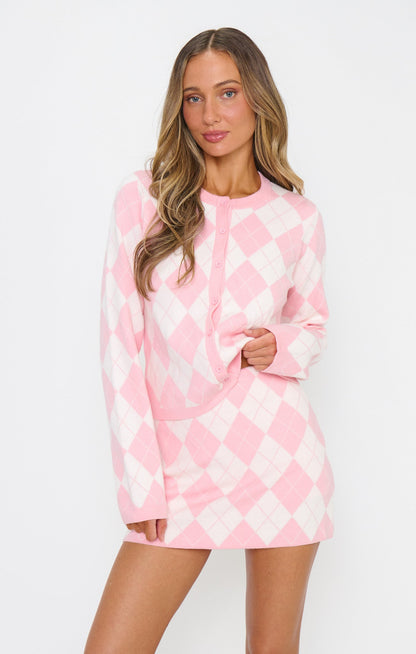 Cher Cardigan ~ Pink Argyle Knit