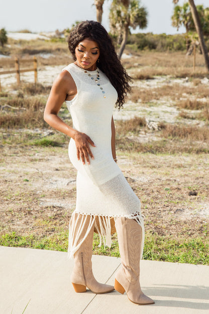 Along The Shoreline Ivory Fringe Detail Sweater Dress FINAL SALE
