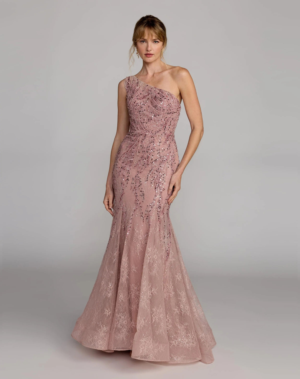 Pink Embellished Lace One Shoulder Mermaid Gown