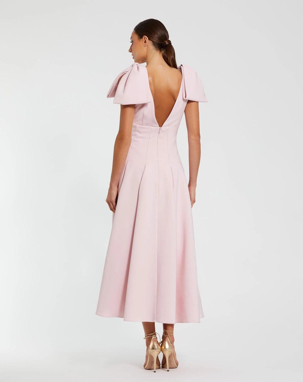 Pink Crepe A Line Midi Dress With Bow Straps