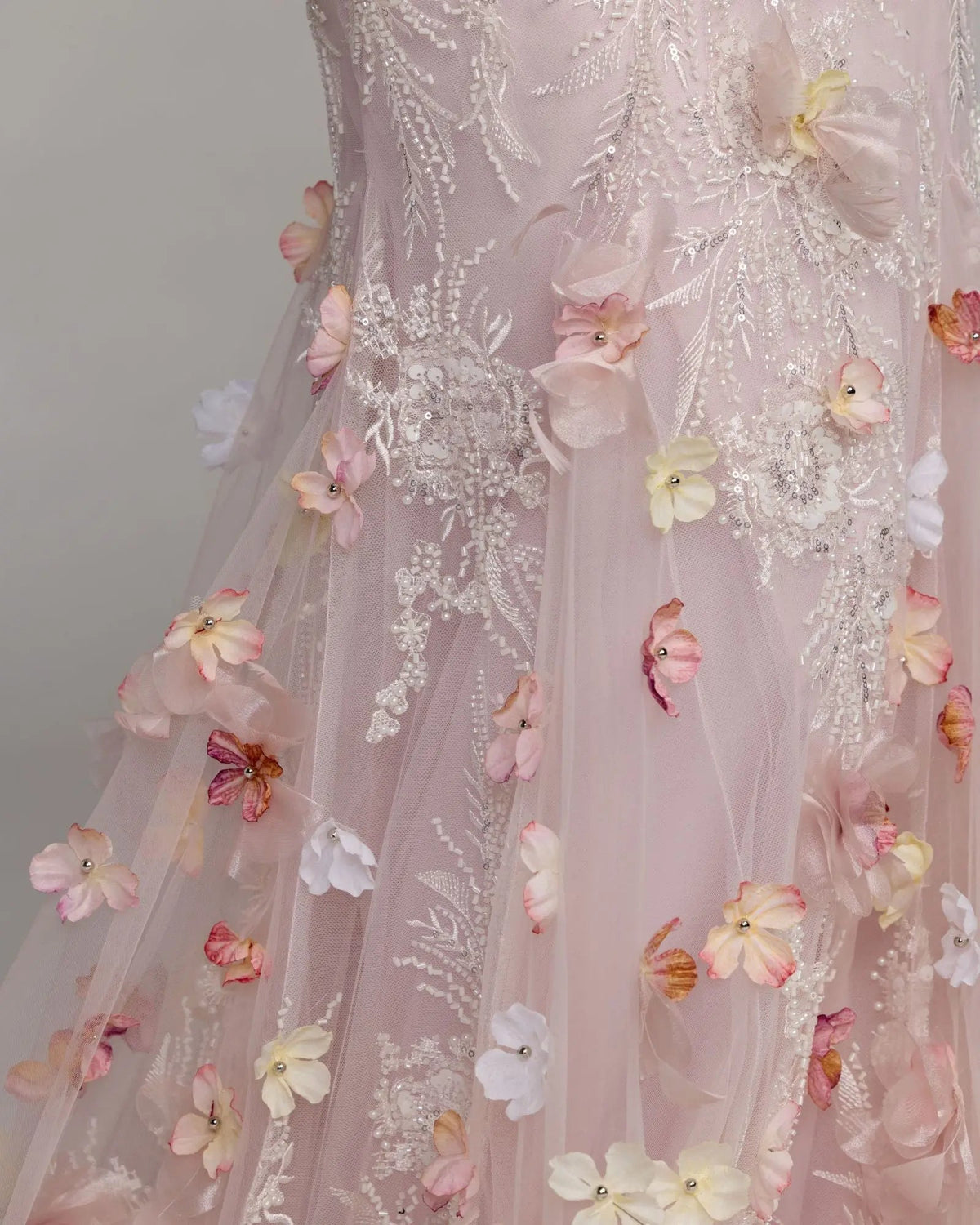 Pink Strapless Embellished Mermaid Gown With 3D Floral Hem
