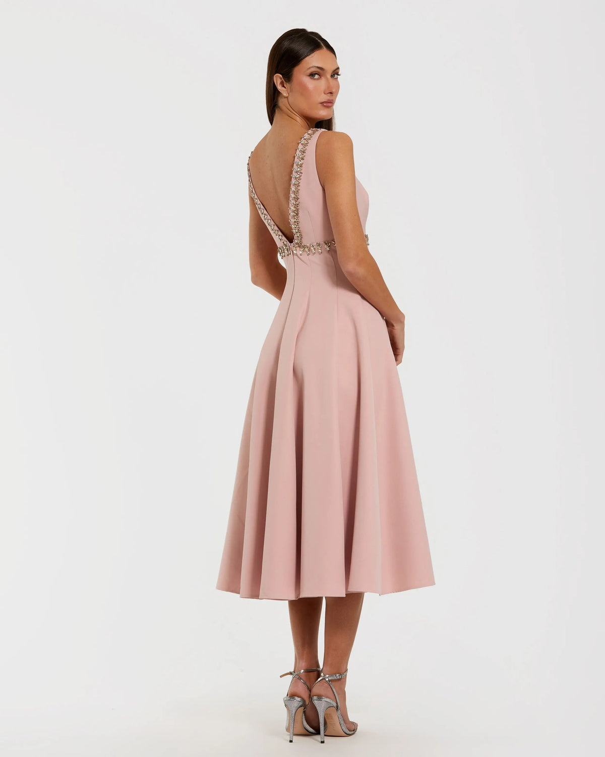 Pink Rhinestone Embellished Crepe A Line Midi Dress
