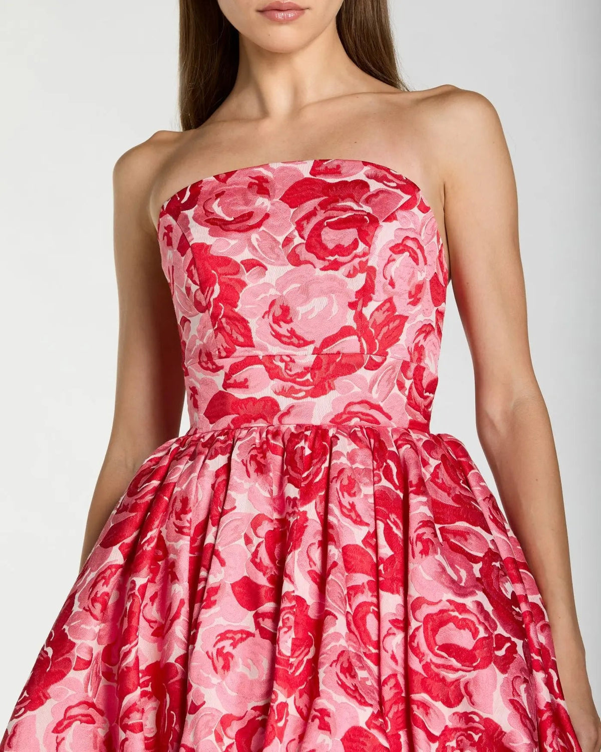 Pink Brocade Strapless Bubble Hem Ball Gown