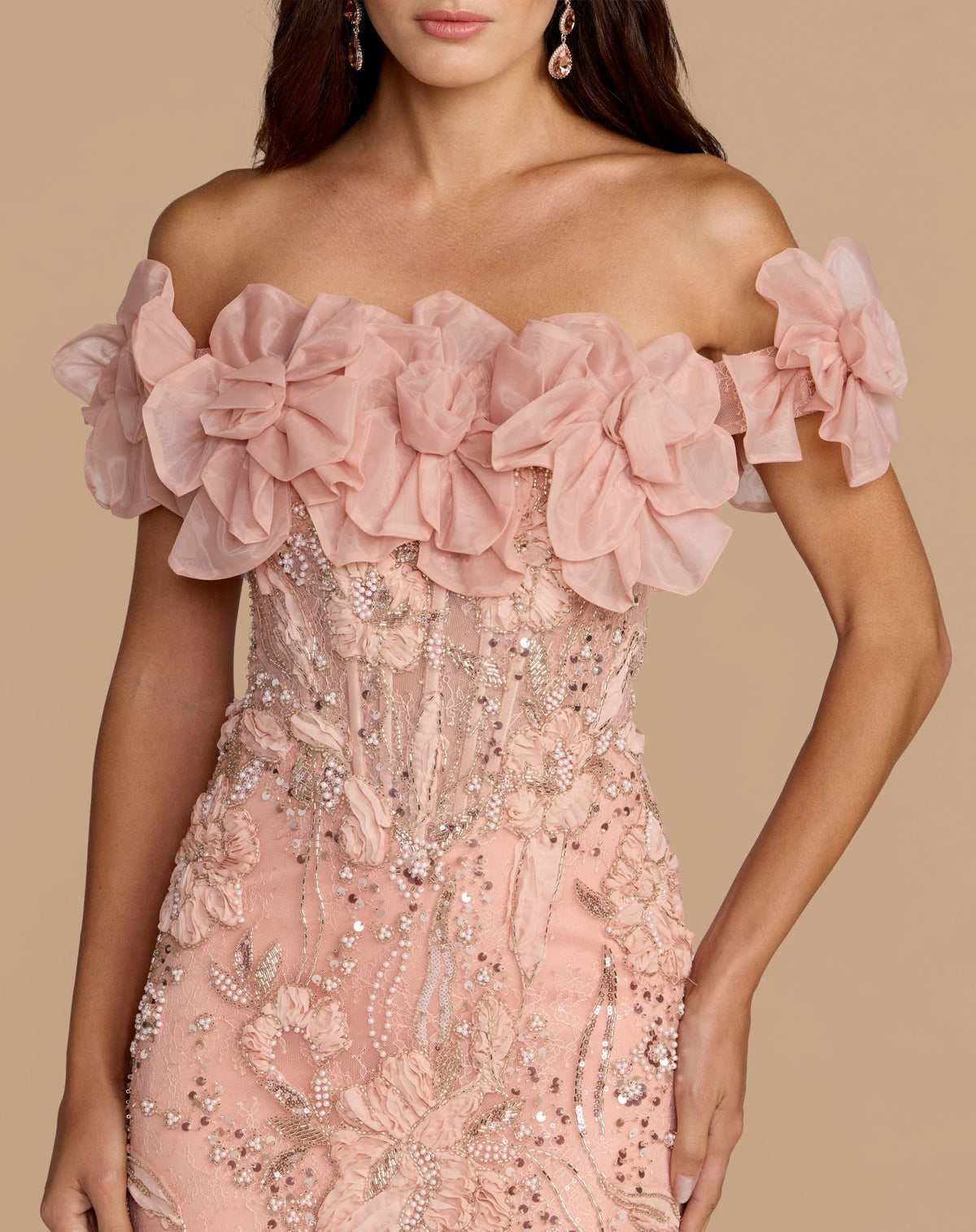 Pink Off The Shoulder Embellished Mermaid Gown