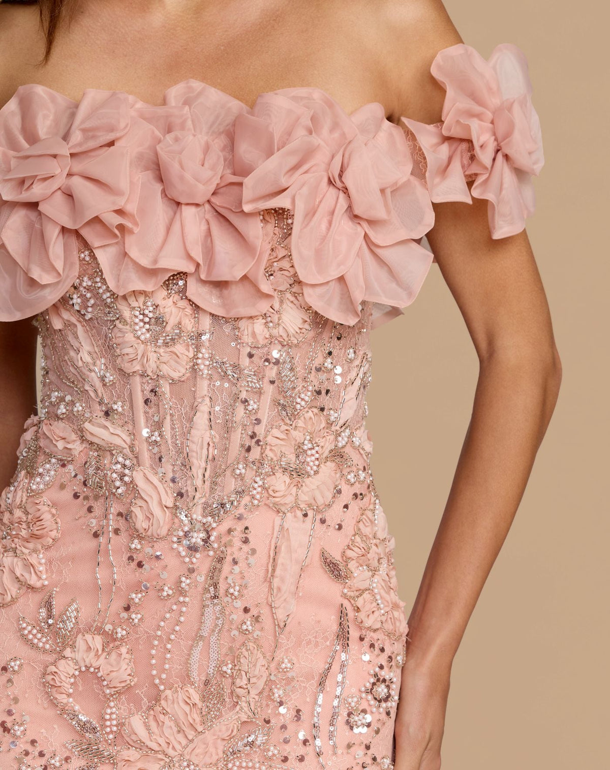 Pink Off The Shoulder Embellished Mermaid Gown