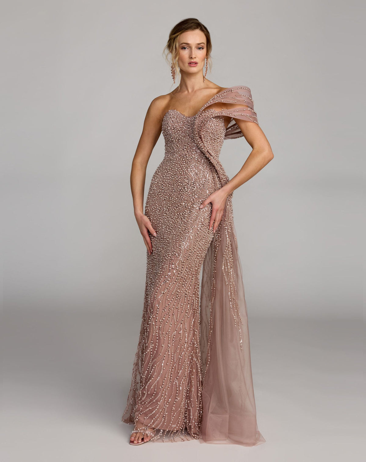 Pink One Shoulder Embellished Gown With Drape Detail