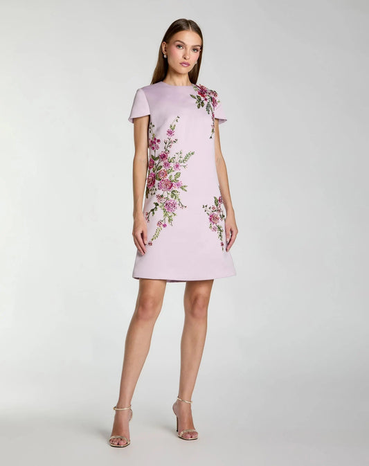 Purple Cap Sleeve Embroidered Satin Mini Dress