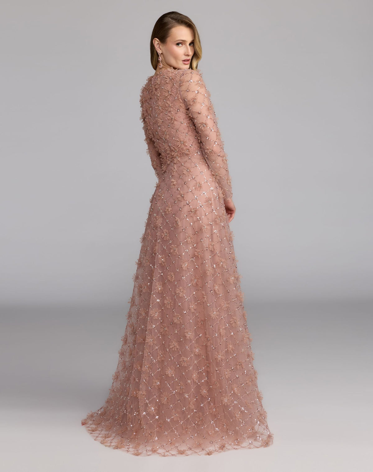 Pink High Neck Long Sleeve Embellished A-Line Gown