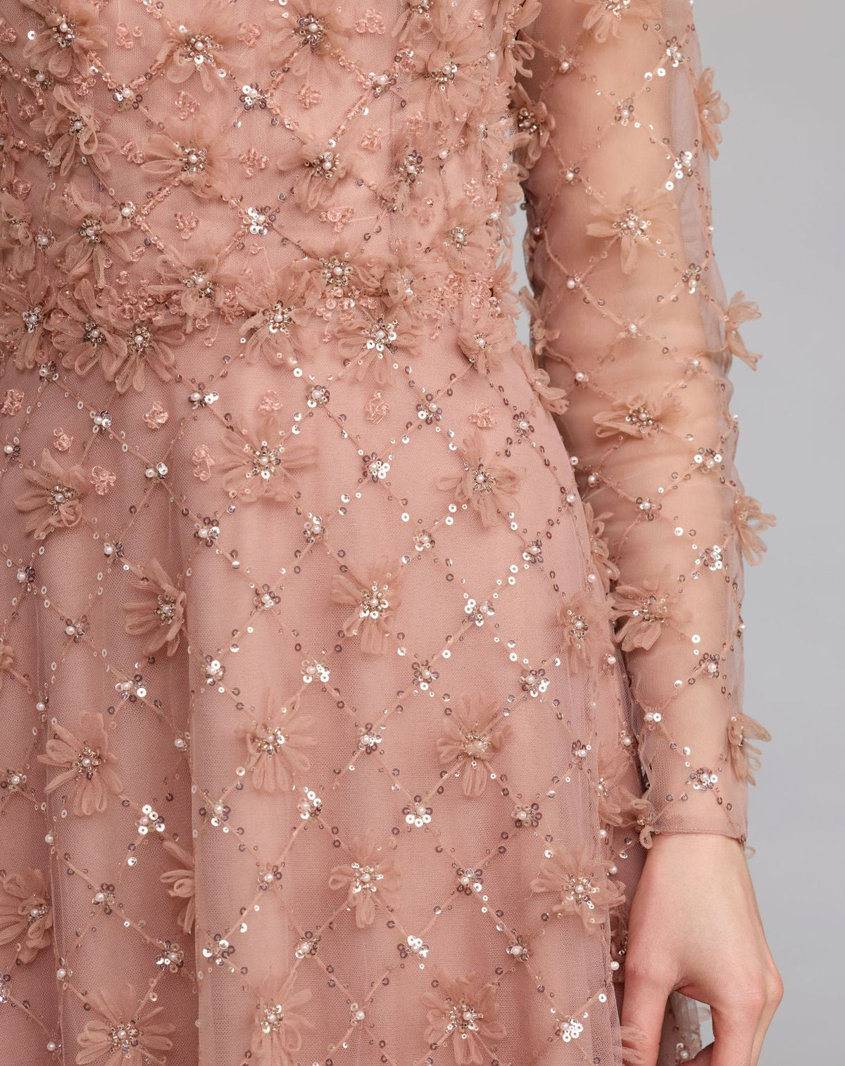 Pink High Neck Long Sleeve Embellished A-Line Gown