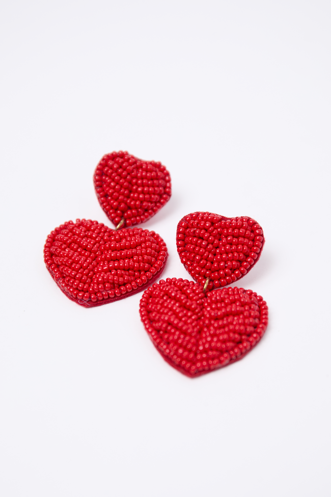 Cindy Red Beaded Heart Earrings FINAL SALE