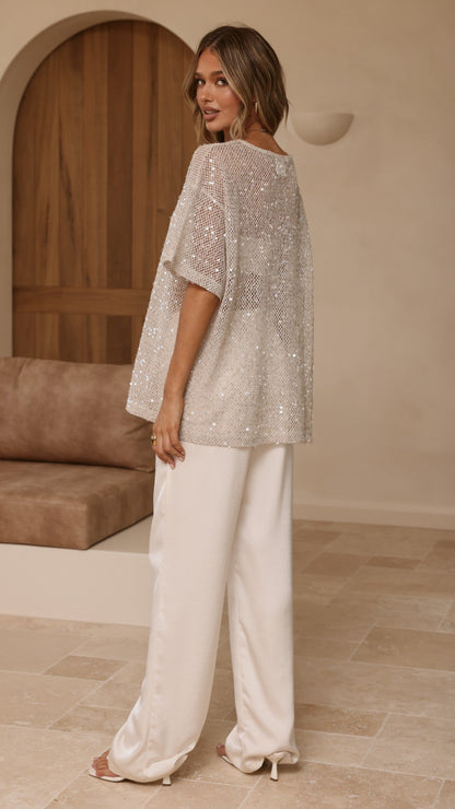 Varni Oversized Sequins Tee - Beige