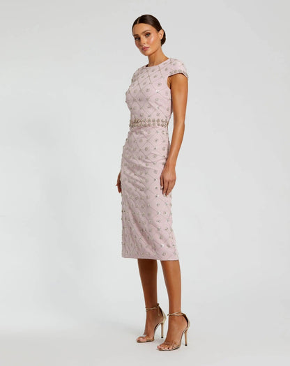 Pink Hand Embellished High Neck Midi Dress