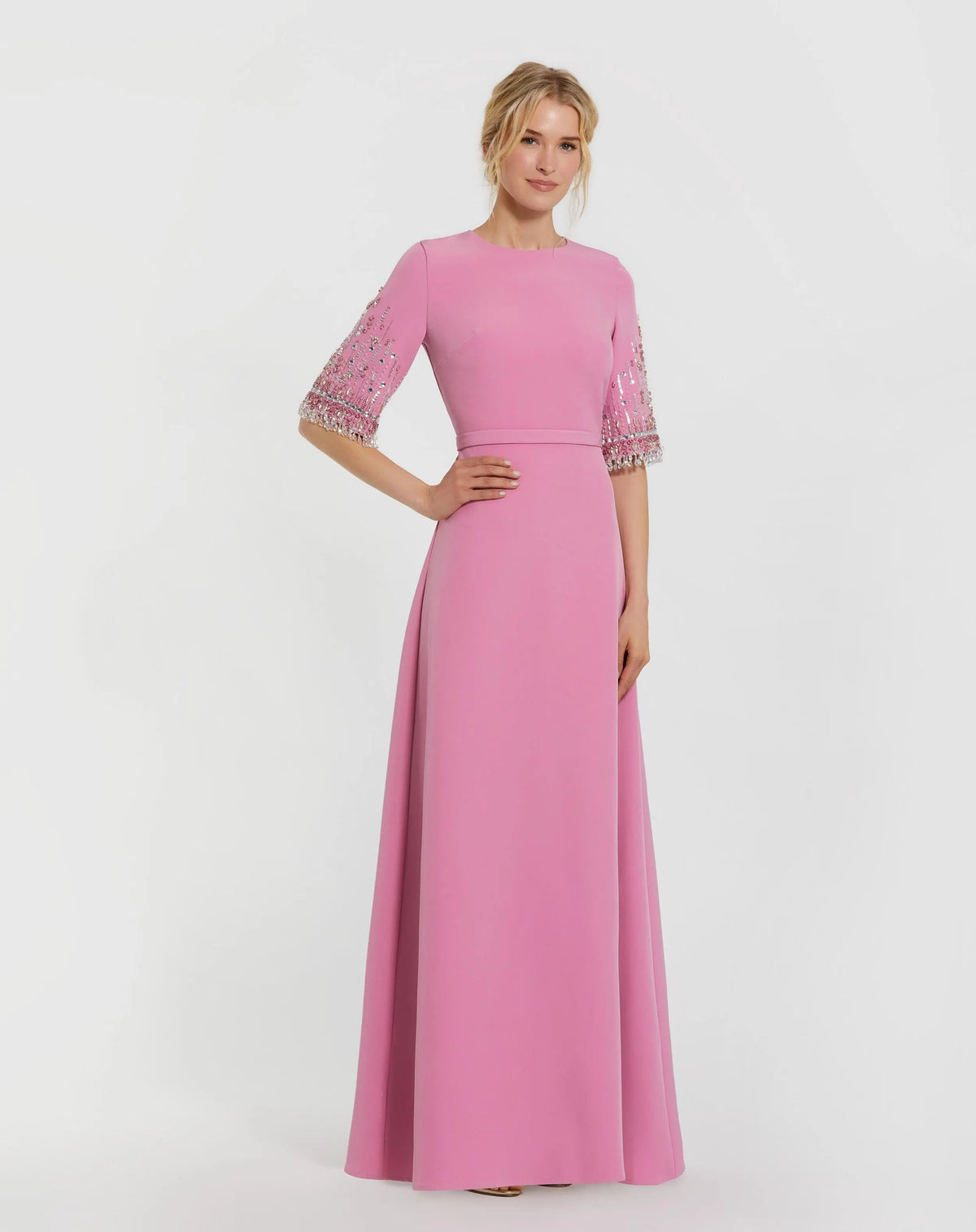 Pink Crepe A Line Gown With Beaded 3/4 Sleeves