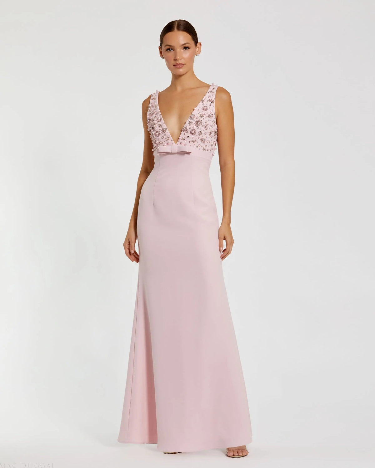 Pink Sleeveless Embellished Crepe Gown With Bow