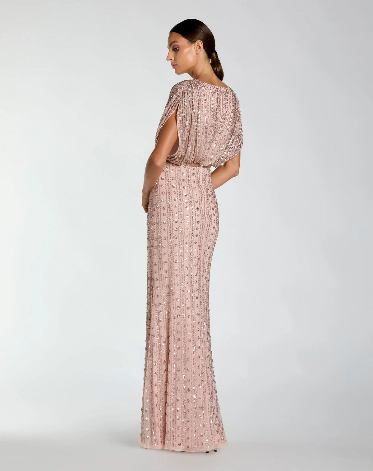 Pink Embellished Blouson V Neck Column Gown