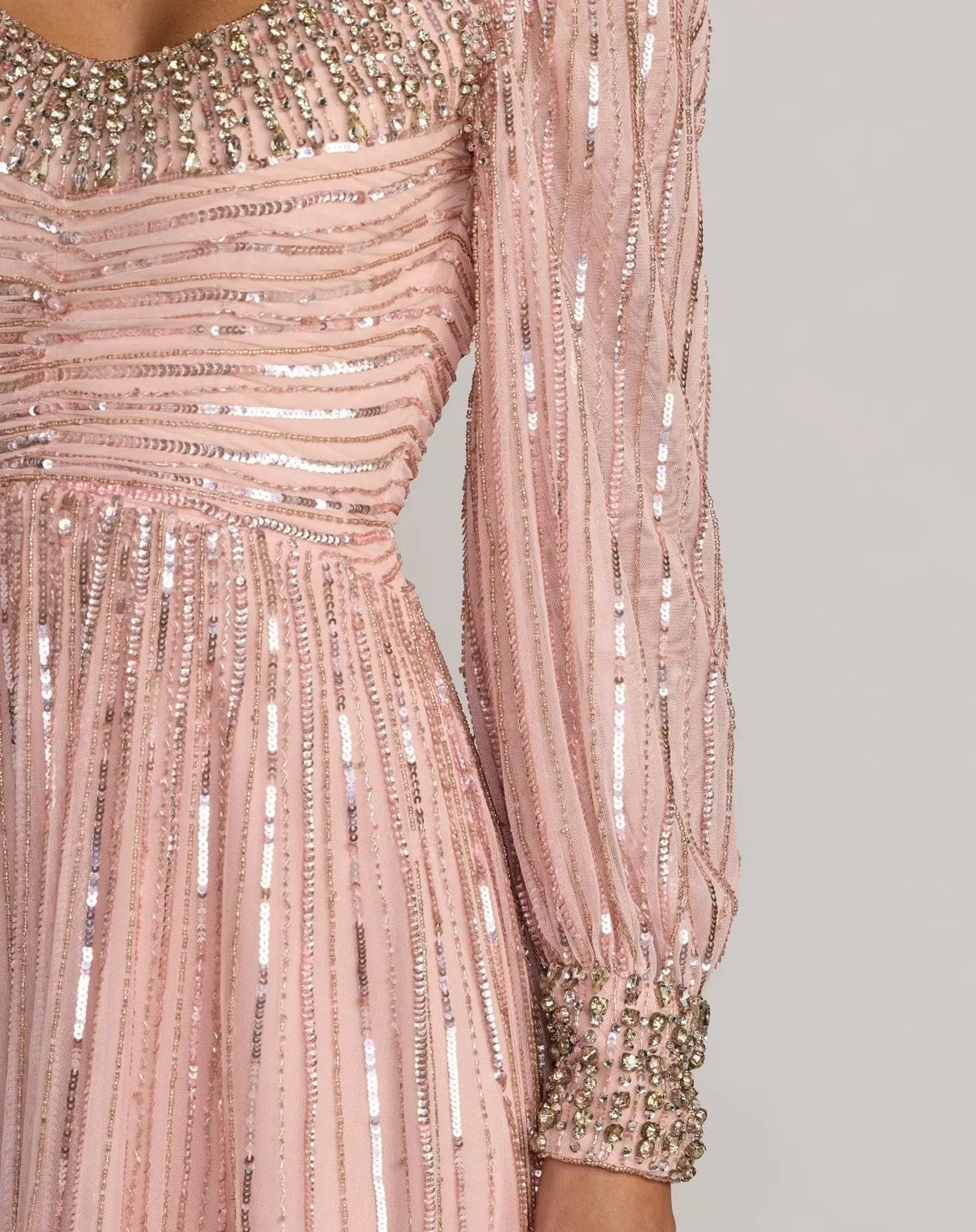 Pink Embellished Long Sleeve Scoop Neck A-Line Gown