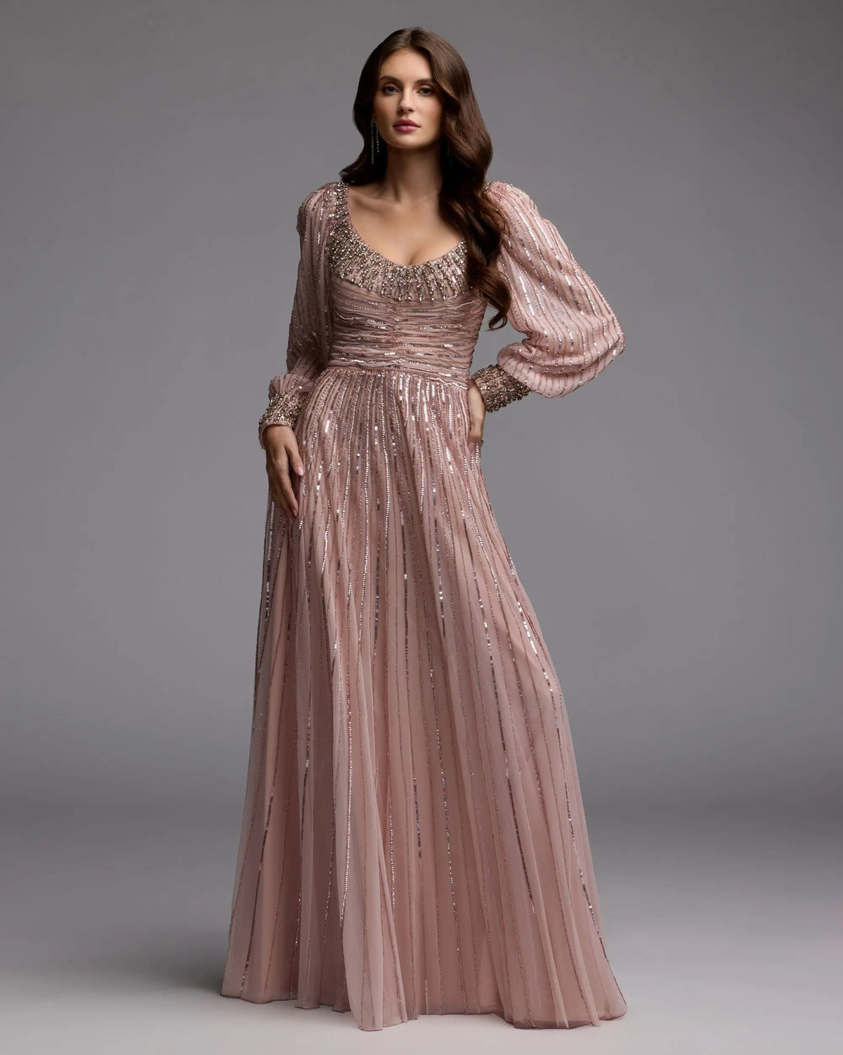 Pink Embellished Long Sleeve Scoop Neck A-Line Gown