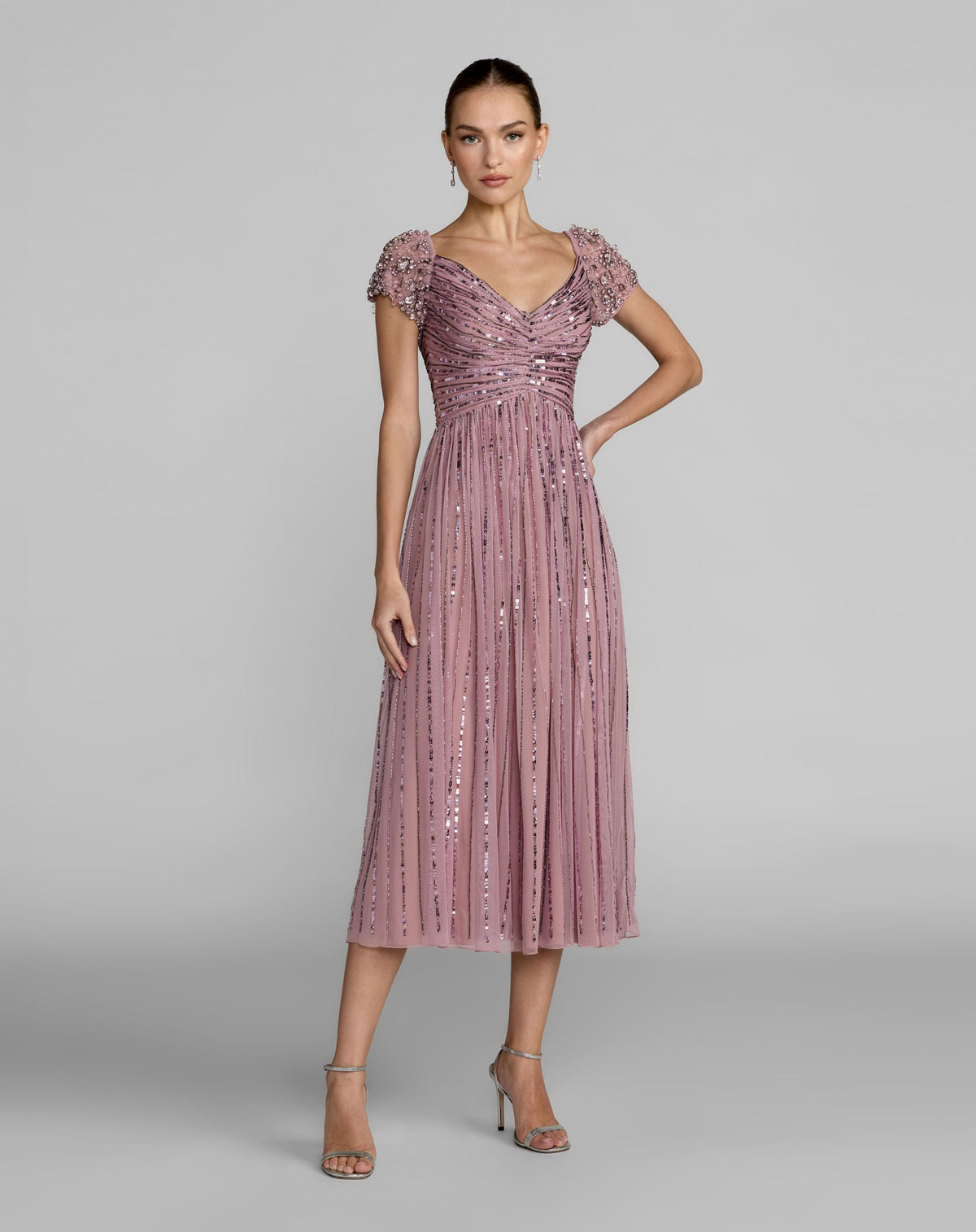 Purple Embellished Cap Sleeve Midi Dress