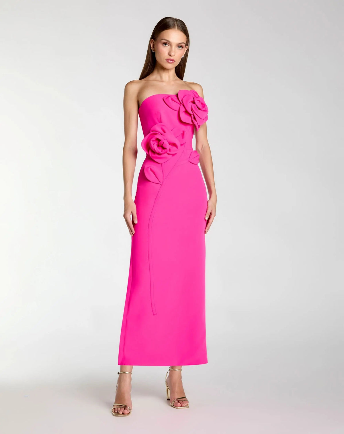 Pink Strapless Crepe Dress With 3D Flower Detail