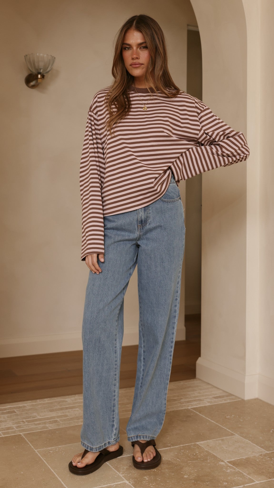 Solana Long Sleeve Top - Pink/Choc Stripe