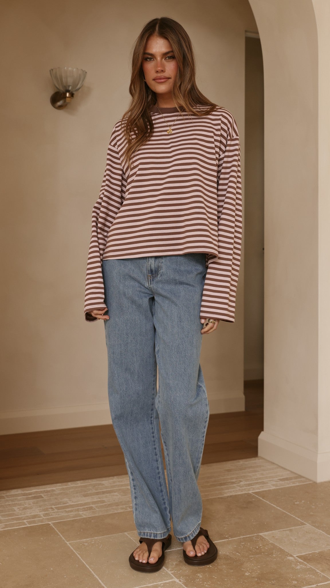 Solana Long Sleeve Top - Pink/Choc Stripe