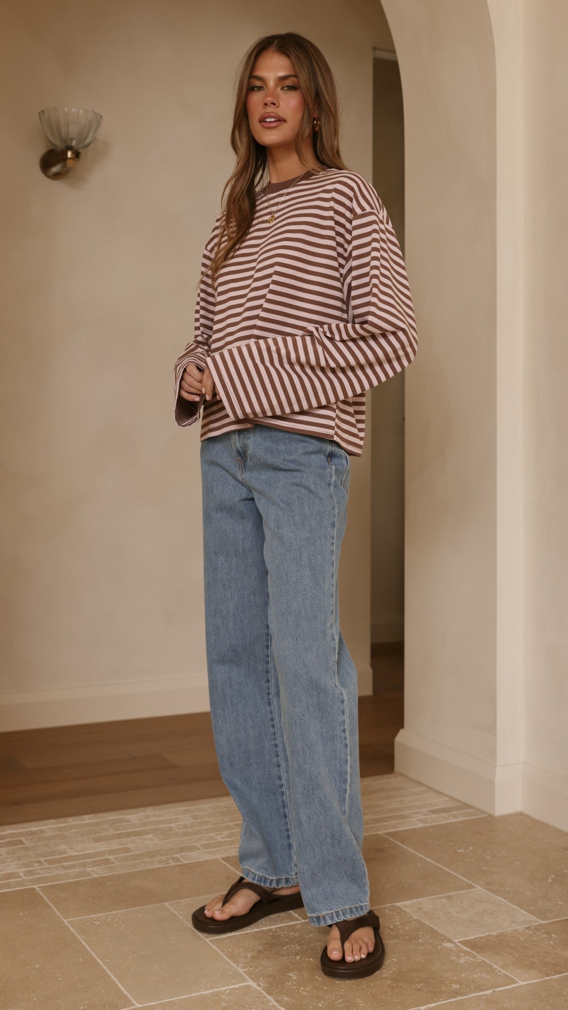 Solana Long Sleeve Top - Pink/Choc Stripe