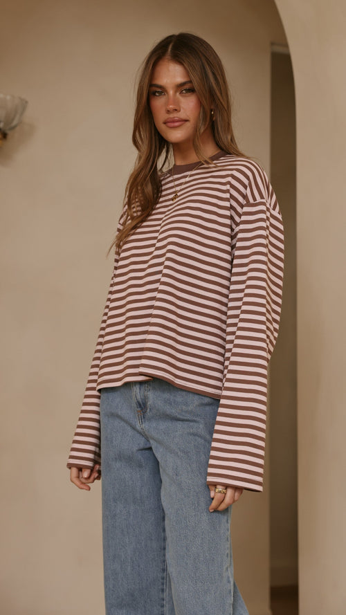 Solana Long Sleeve Top - Pink/Choc Stripe