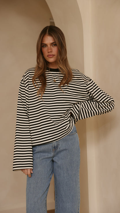 Solana Long Sleeve Top - Black/White Stripe