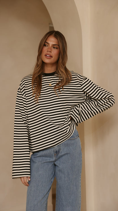 Solana Long Sleeve Top - Black/White Stripe