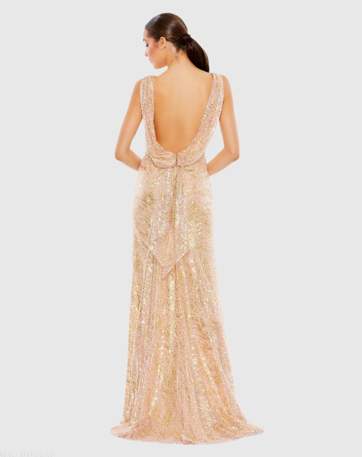 Pink Metallic Sequin Boat Neck Gown With Cowl Back