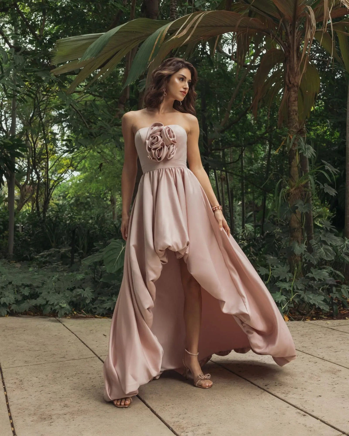 Pink Strapless Satin High Low Gown with Rosettes
