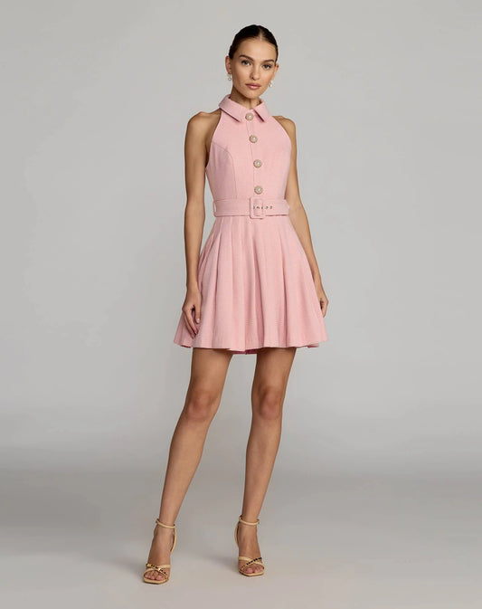 Pleated A Line Mini Dress with Pearl Button Detail
