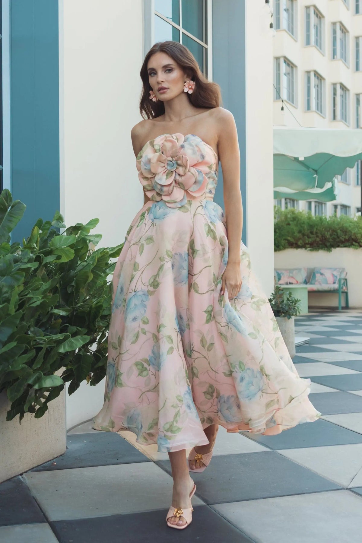 Pink Strapless Floral Organza Midi Dress With Flower