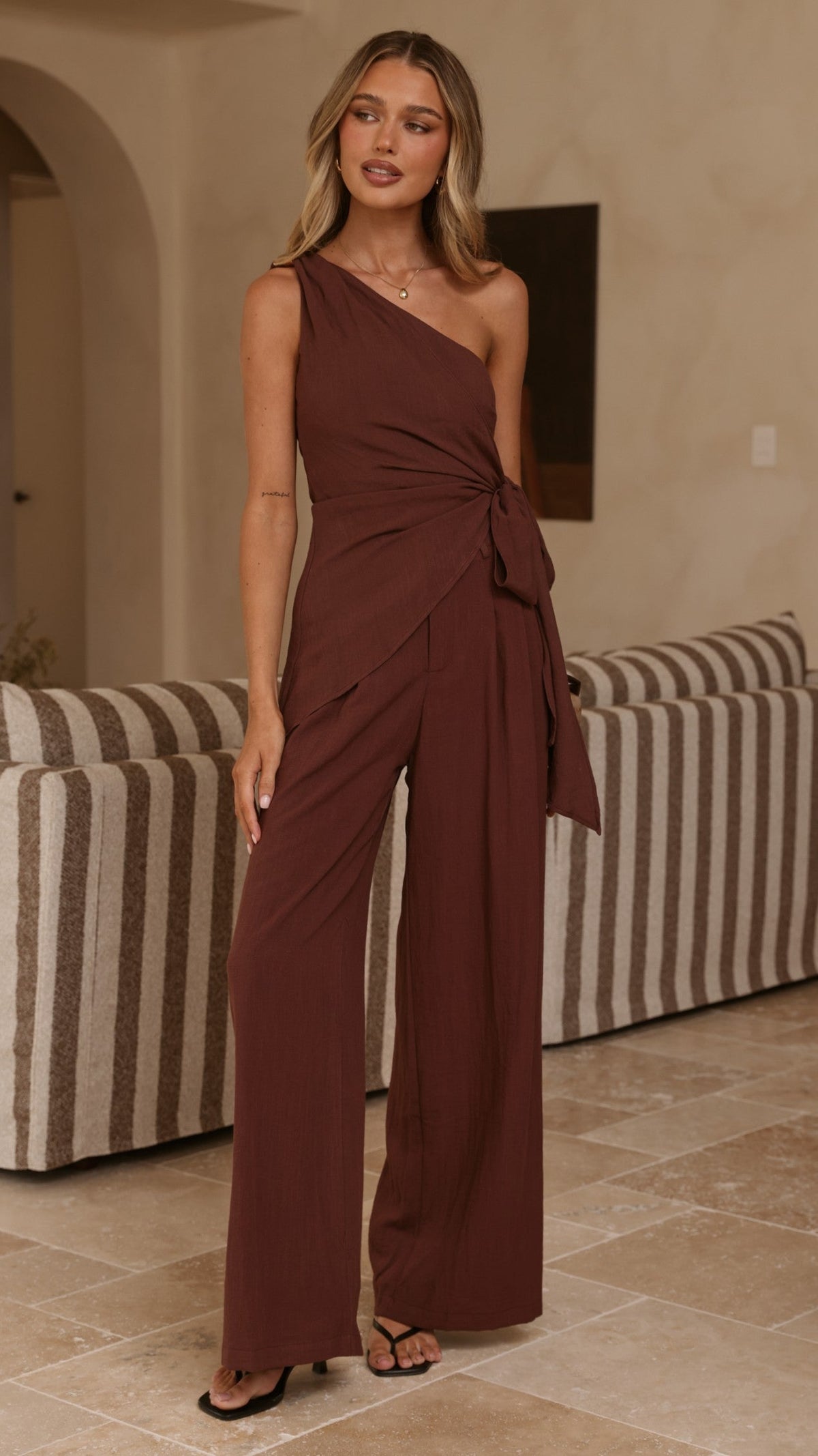 Leela One Shoulder Top and Pants Set - Brown