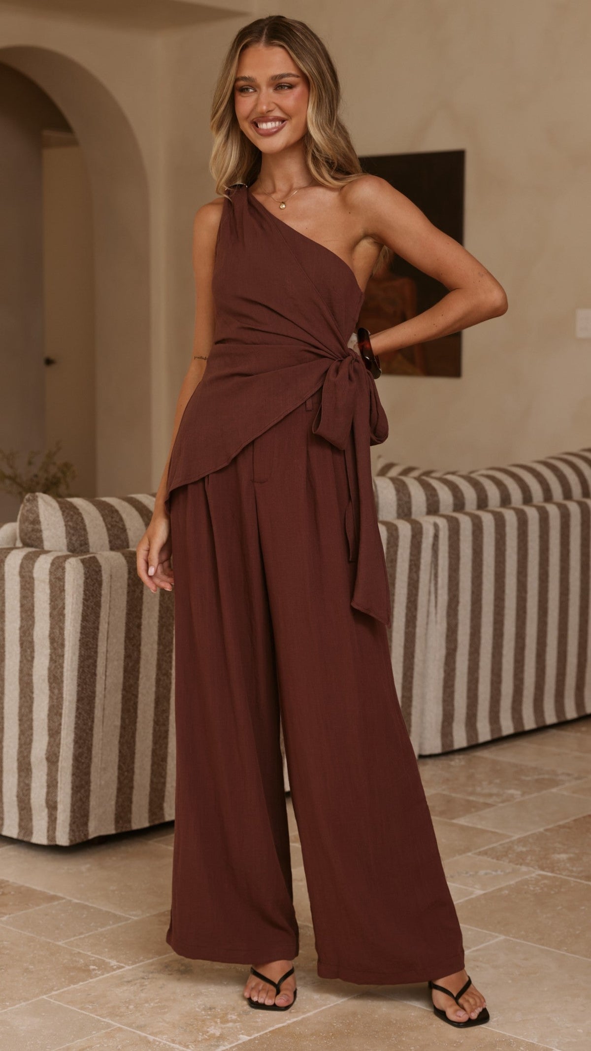 Leela One Shoulder Top and Pants Set - Brown