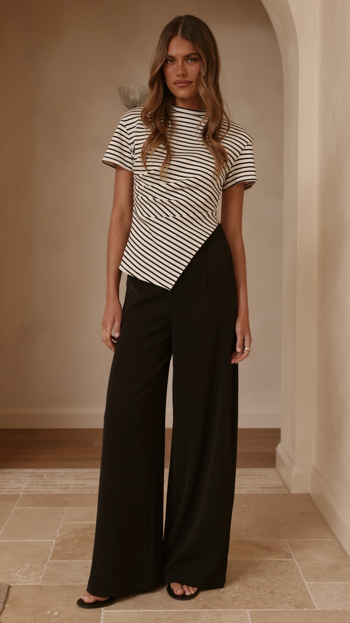 Tiarna Side Ruched Tee - Black/White Stripe