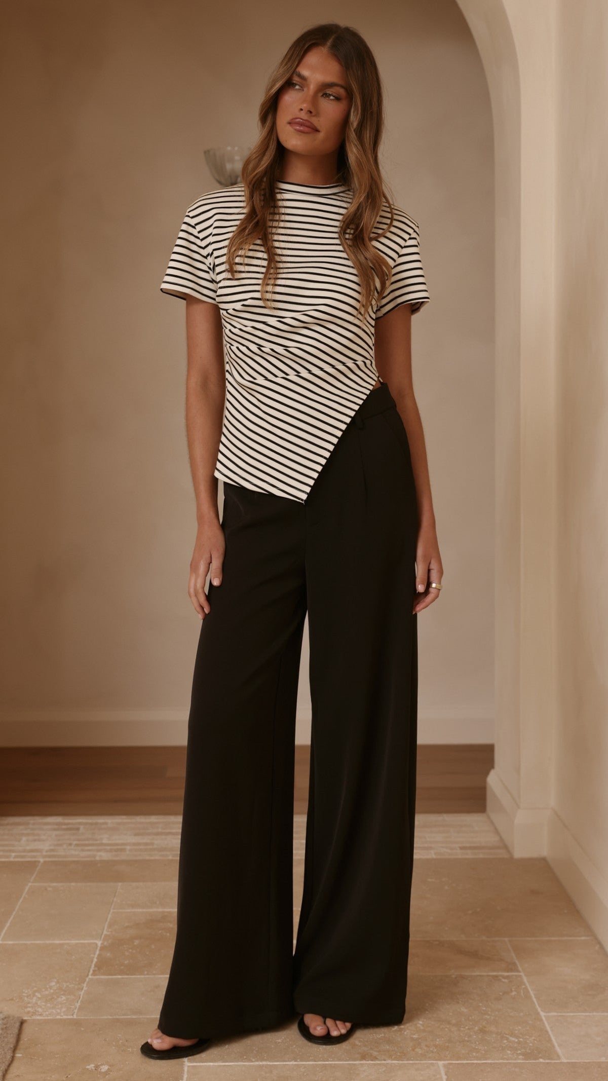Tiarna Side Ruched Tee - Black/White Stripe