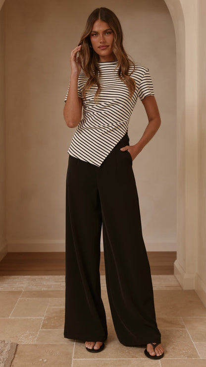 Tiarna Side Ruched Tee - Black/White Stripe