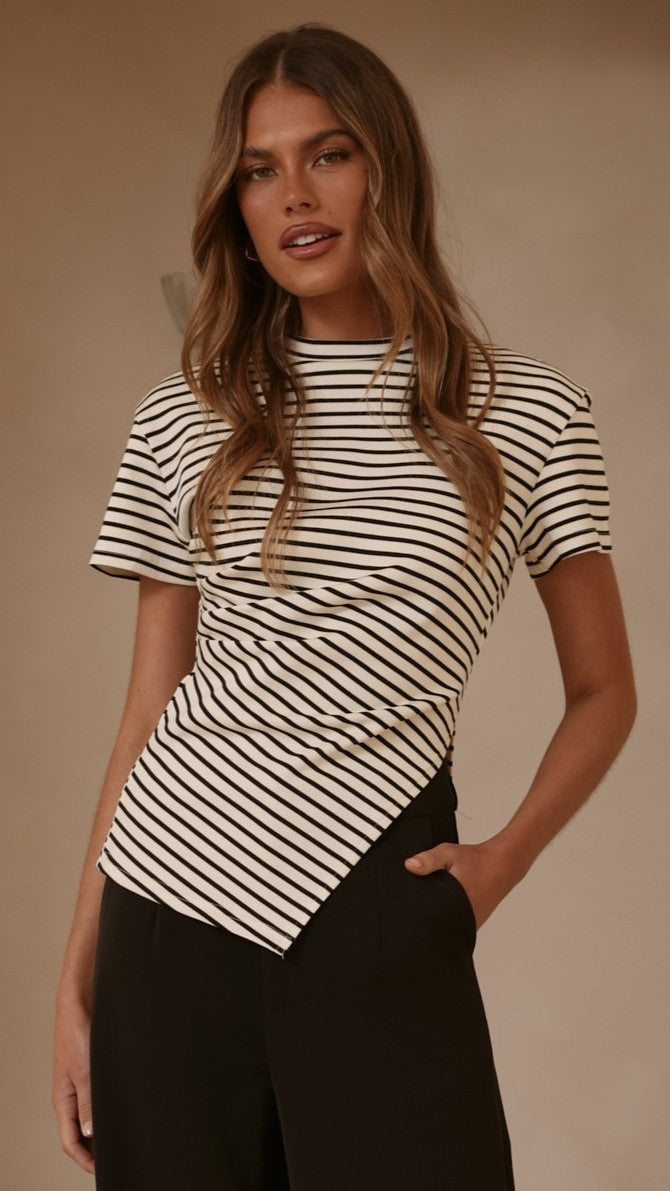 Tiarna Side Ruched Tee - Black/White Stripe