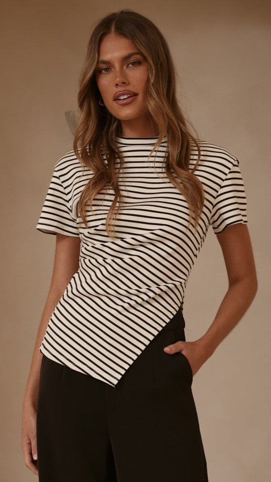 Tiarna Side Ruched Tee - Black/White Stripe