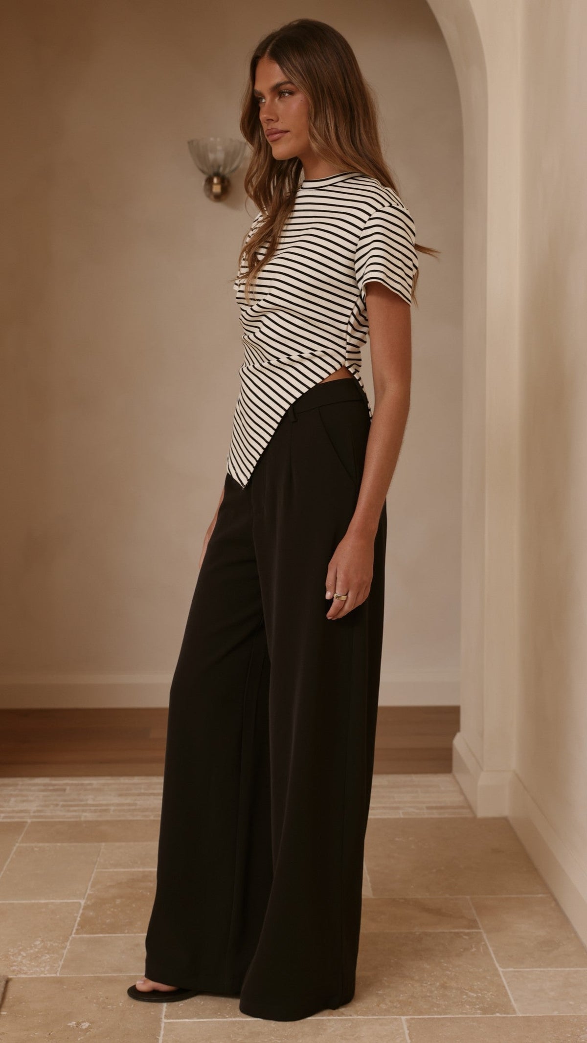 Tiarna Side Ruched Tee - Black/White Stripe