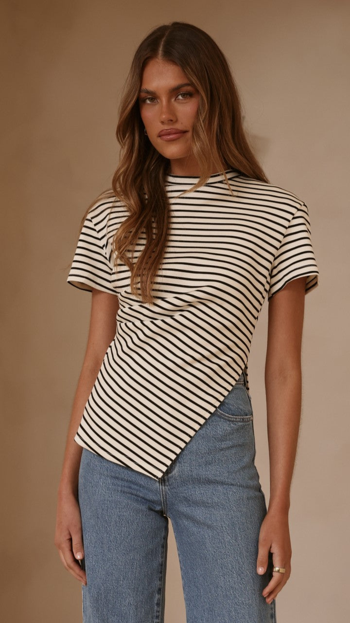 Tiarna Side Ruched Tee - Black/White Stripe