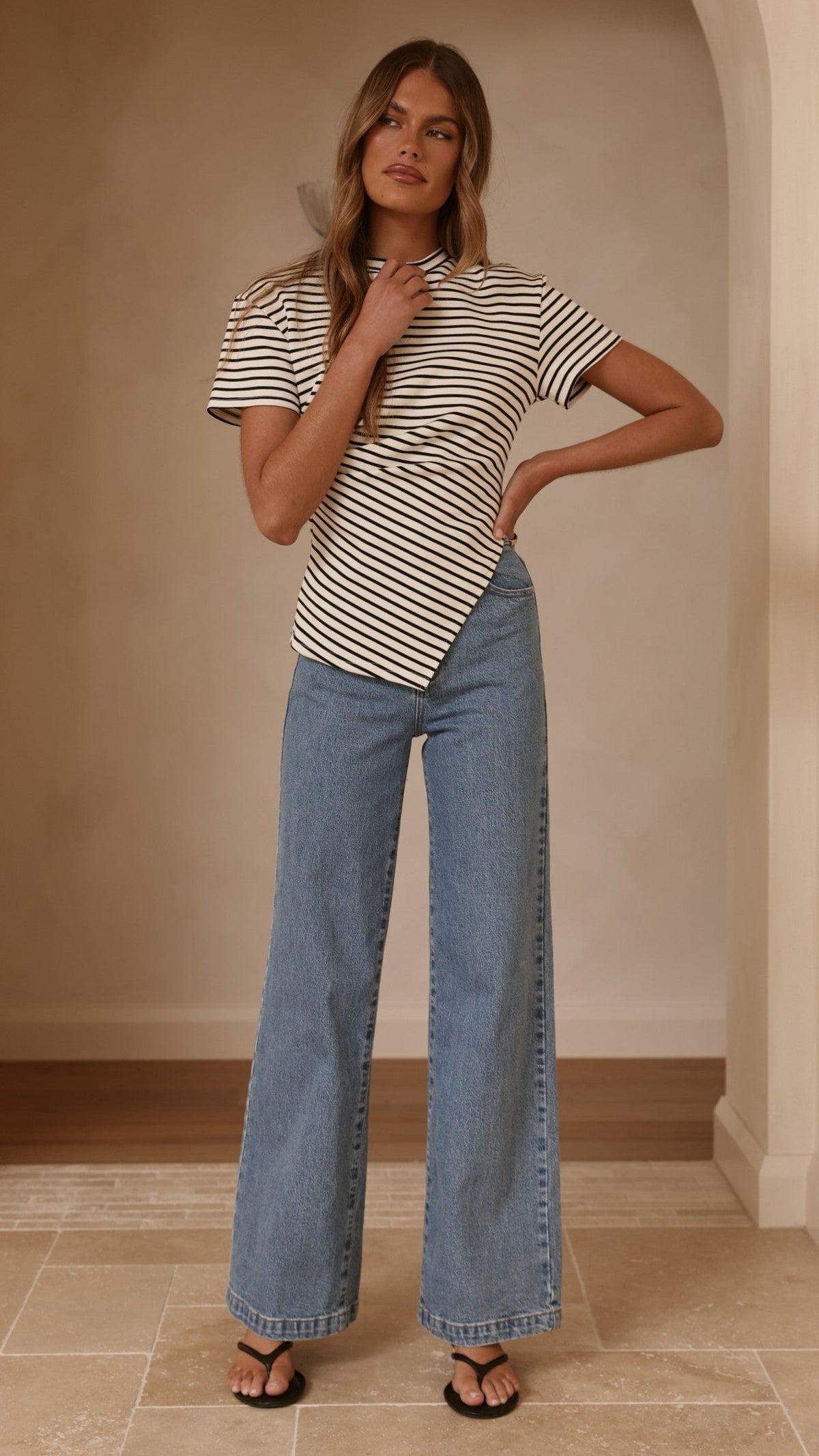 Tiarna Side Ruched Tee - Black/White Stripe