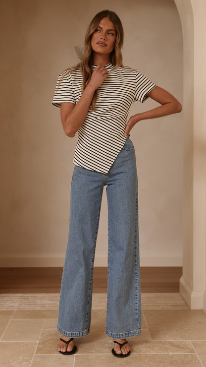 Tiarna Side Ruched Tee - Black/White Stripe